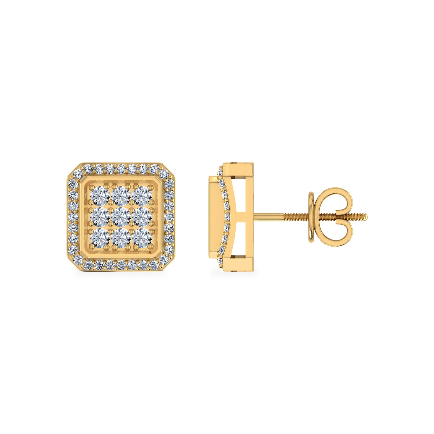 10K Yellow Gold Round Diamond Square Shape Stud Earrings 1/2 Cttw