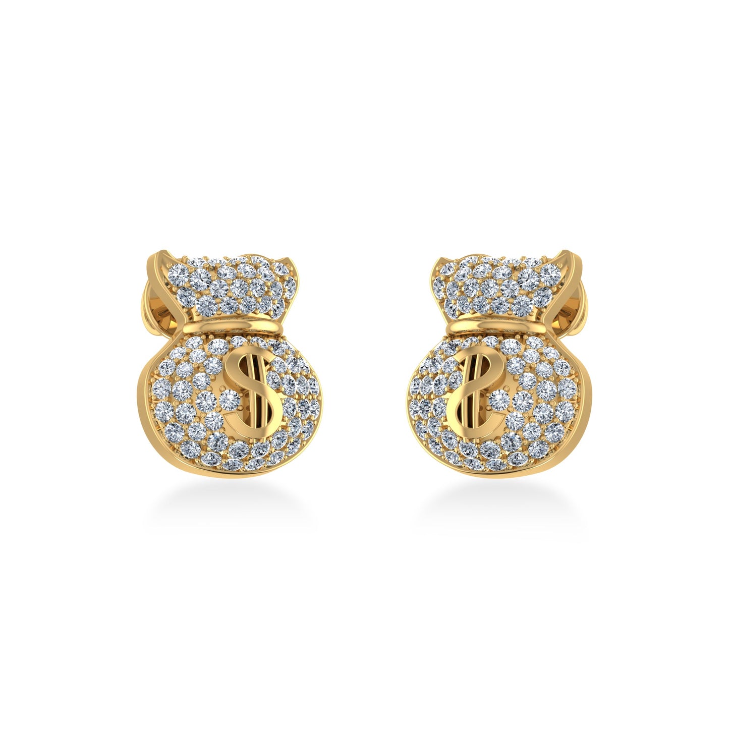 10K Yellow Gold Round Diamond Money Dollar Bag Designer Stud Earrings 1/6 Cttw