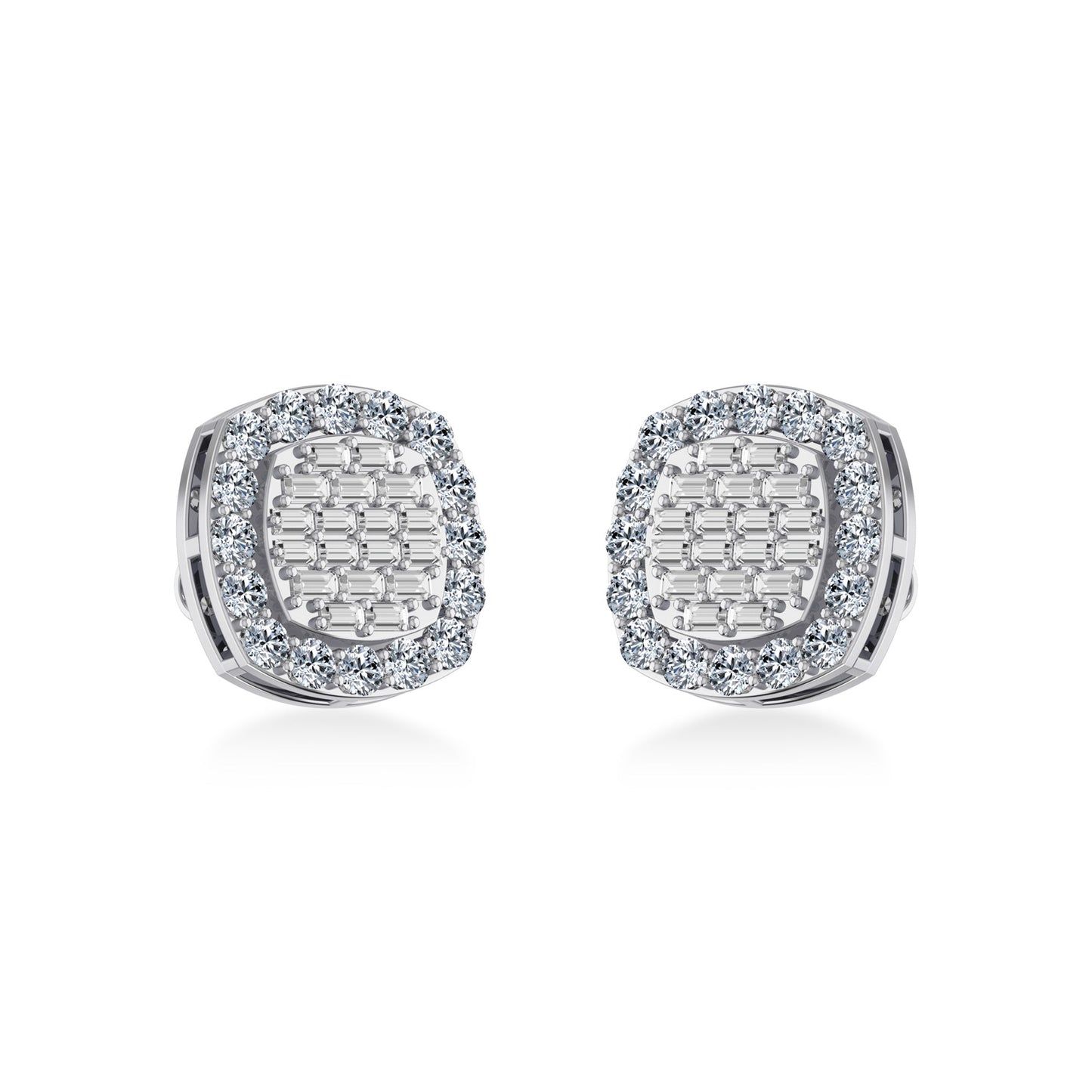 10K White Gold Round Baguette Diamond Stud Earring 1 Cttw