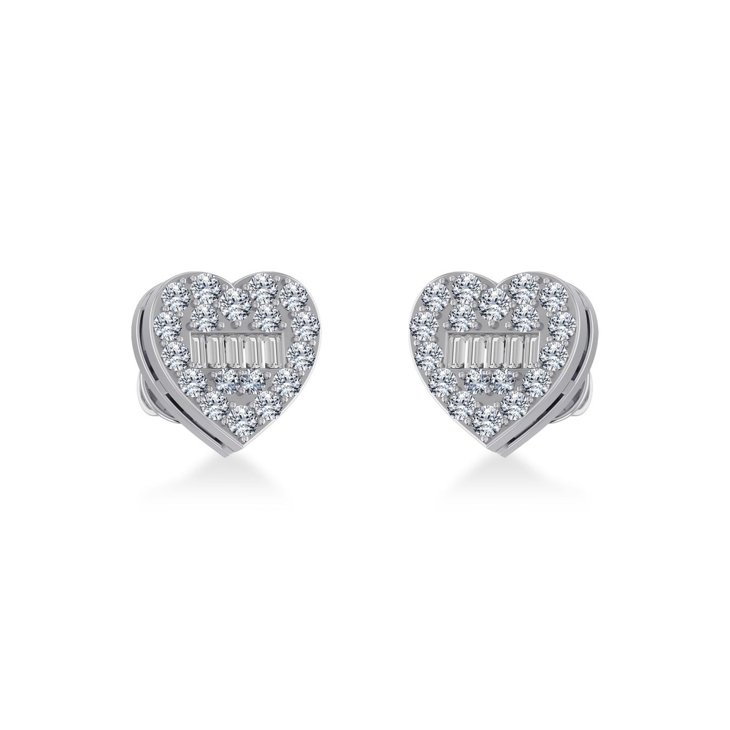 14K White Gold Round Baguette Diamond Heart Shape Cluster Stud EarRing 3/8 Cttw