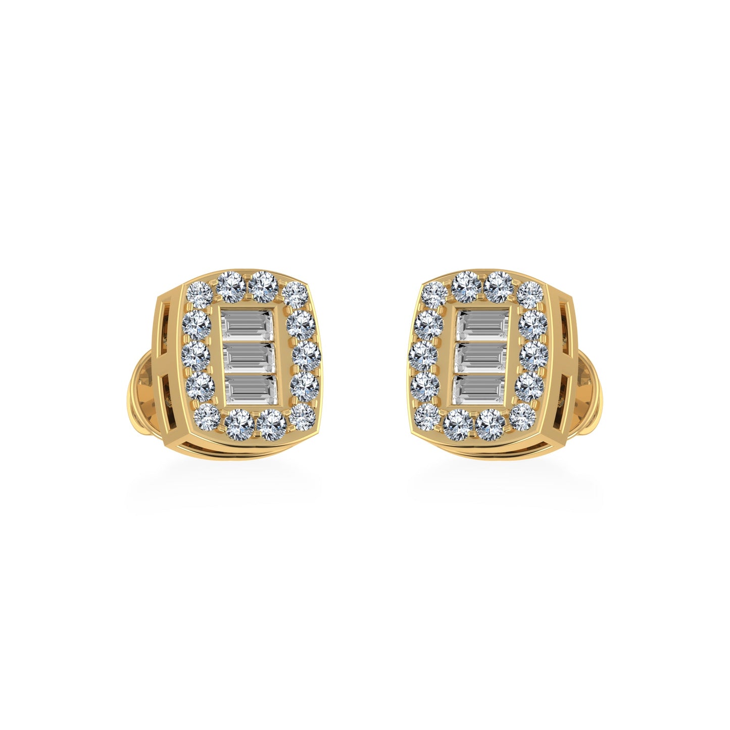 14K Yellow Gold Round Baguette Diamond Stud Earrings 1/5 Cttw