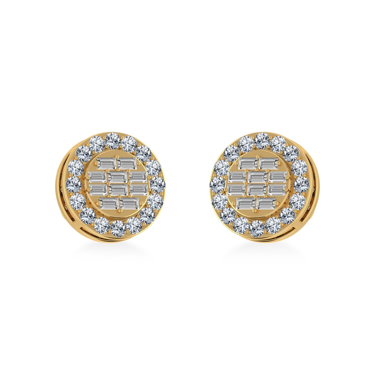 14K Yellow Gold Round Baguette Diamond Halo Stud Earrings 1/2 Cttw
