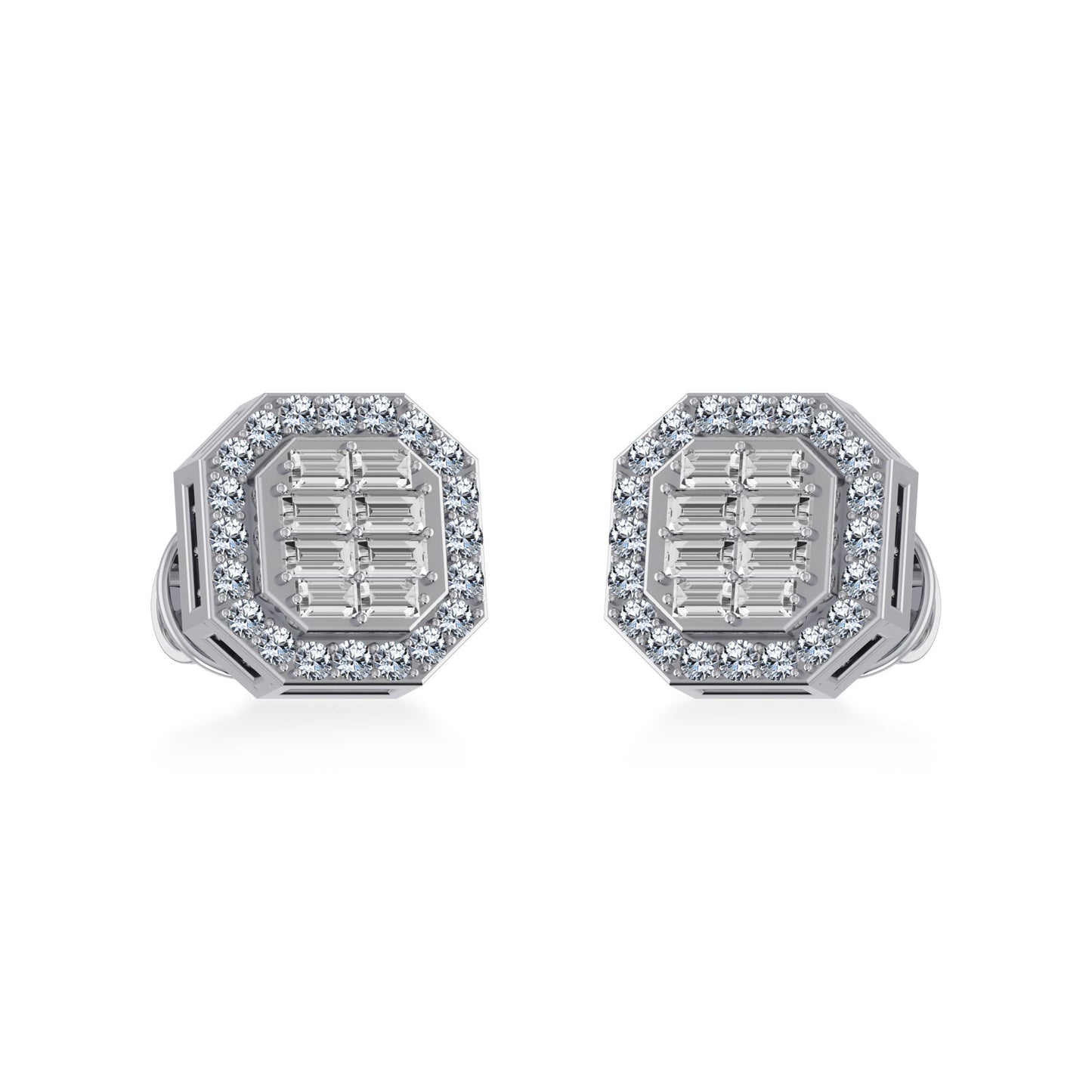 14K White Gold Round Baguette Diamond Stud Earrings 1/4 Cttw