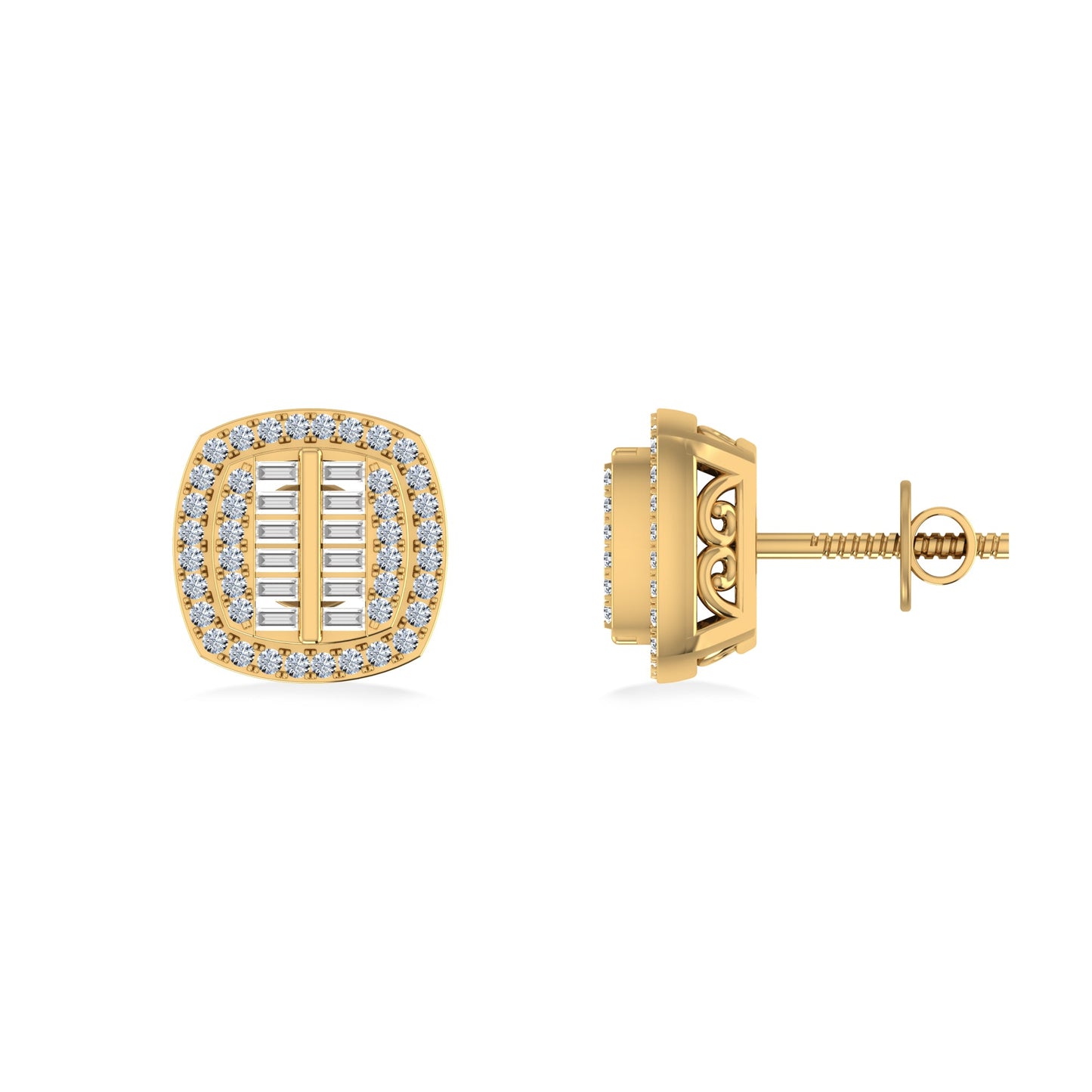 10K Yellow Gold Round Baguette Diamond Square Shape Designer Mens Stud Earring 1/3 Cttw