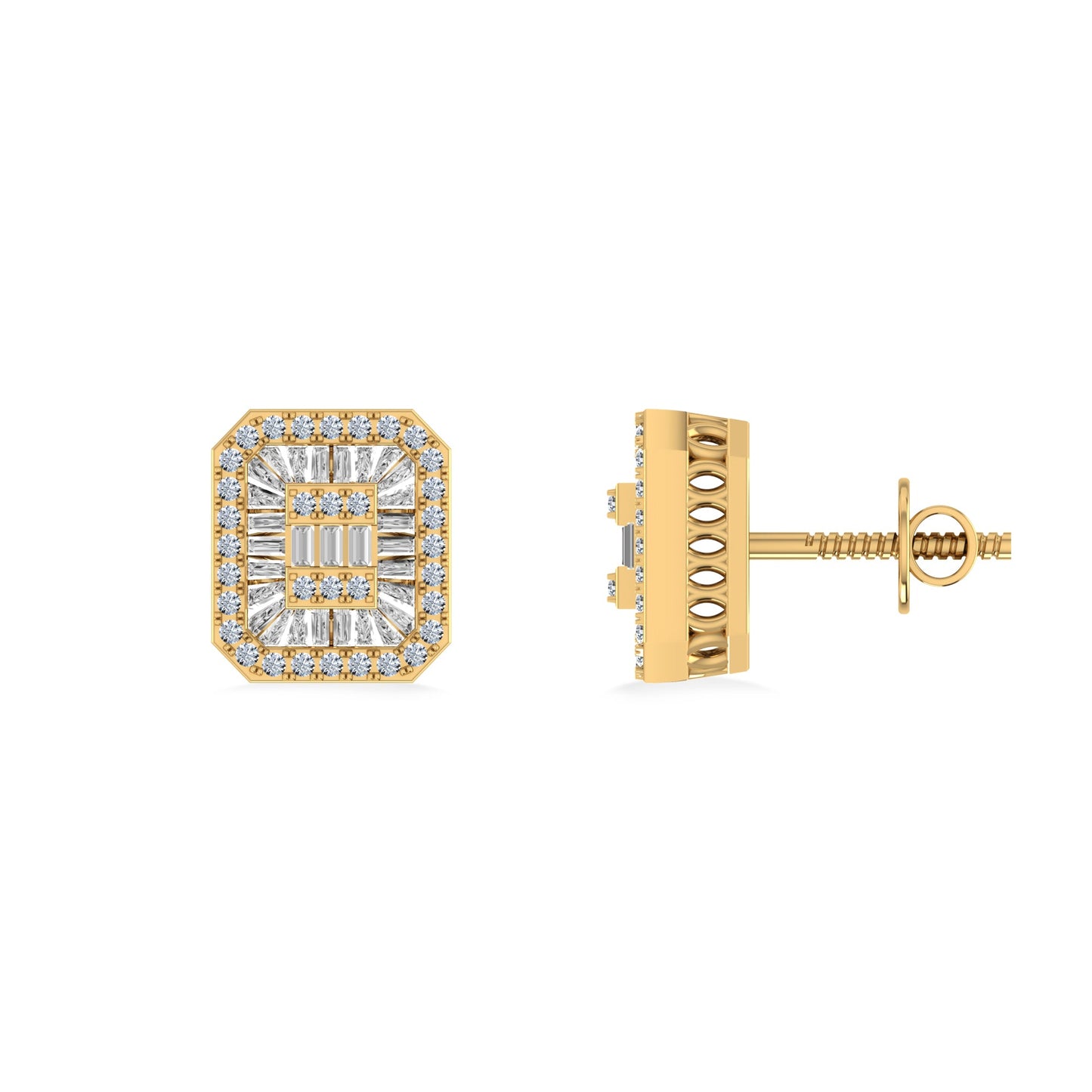10K Yellow Gold Round Baguette Diamond Square Shape Designer Mens Stud Earring 1/3 Cttw