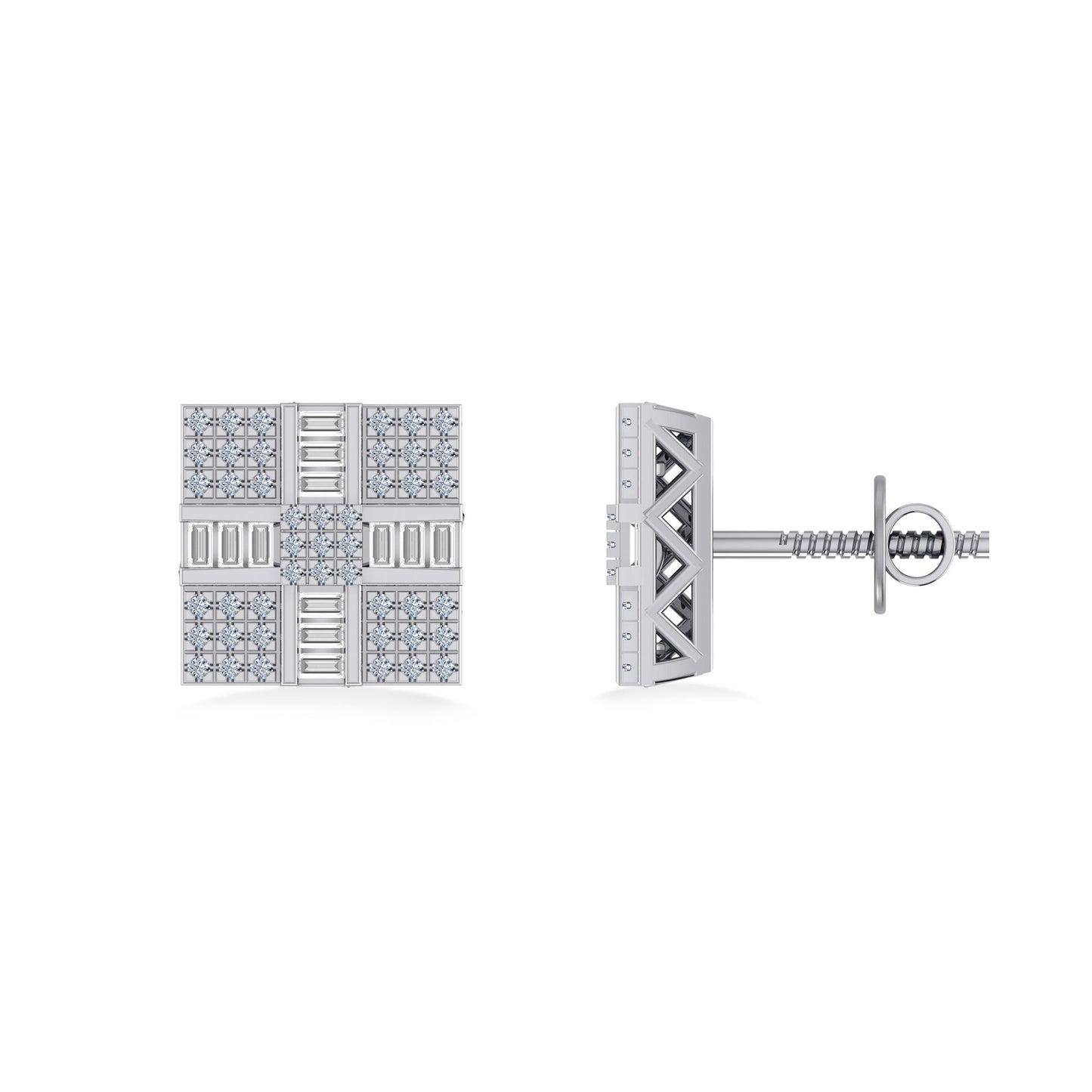 10K White Gold Round Baguette Diamond Square Shape Designer Mens Stud Earring 1/3 Cttw