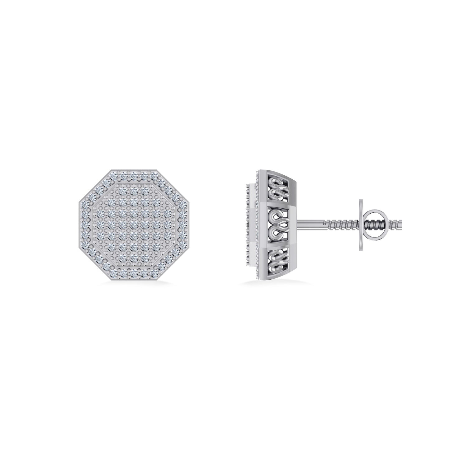 10K White Gold Round Diamond Octagon Shape Designer Mens Stud Earring 1/4 Cttw