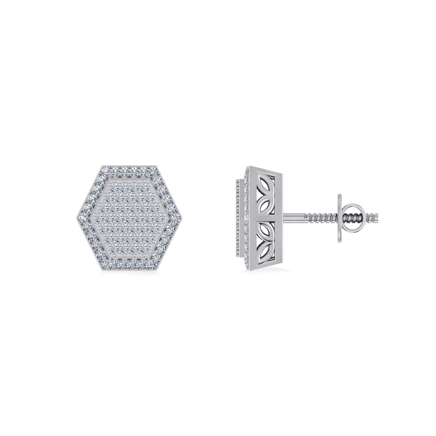 10K White Gold Round Diamond Octagon Shape Designer Mens Stud Earring 1/5 Cttw