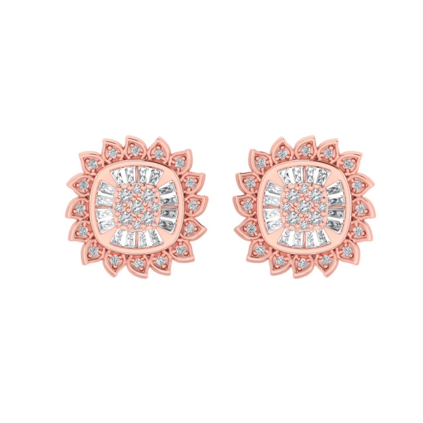 Sterling Silver Round Baguette Diamond Square Flower Designer Stud Earring RP+PP 3/8 Cttw