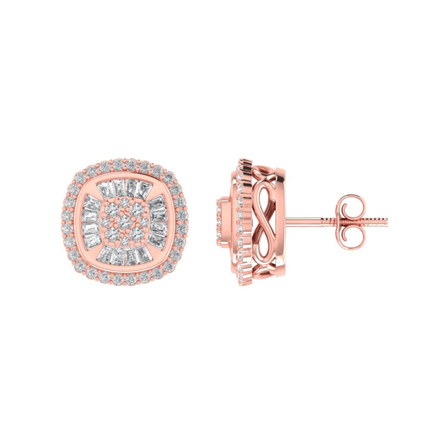 Sterling Silver Round Baguette Diamond Square Shape Designer Stud Earring RP+PP 3/8 Cttw
