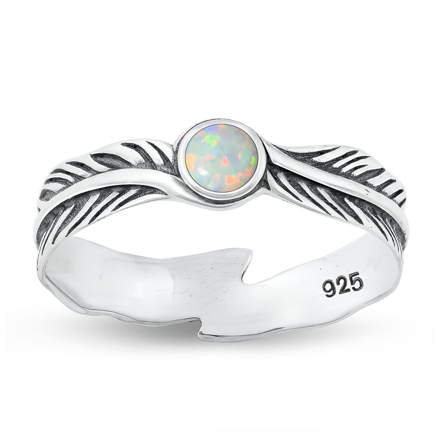Sterling Silver White Lab Opal Feather Ring