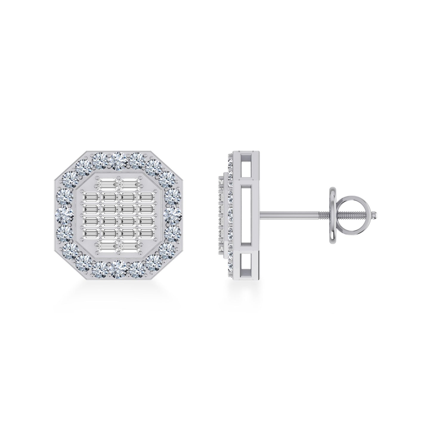14K White Gold Round Baguette Diamond Designer Stud Earrings 7/8 Cttw