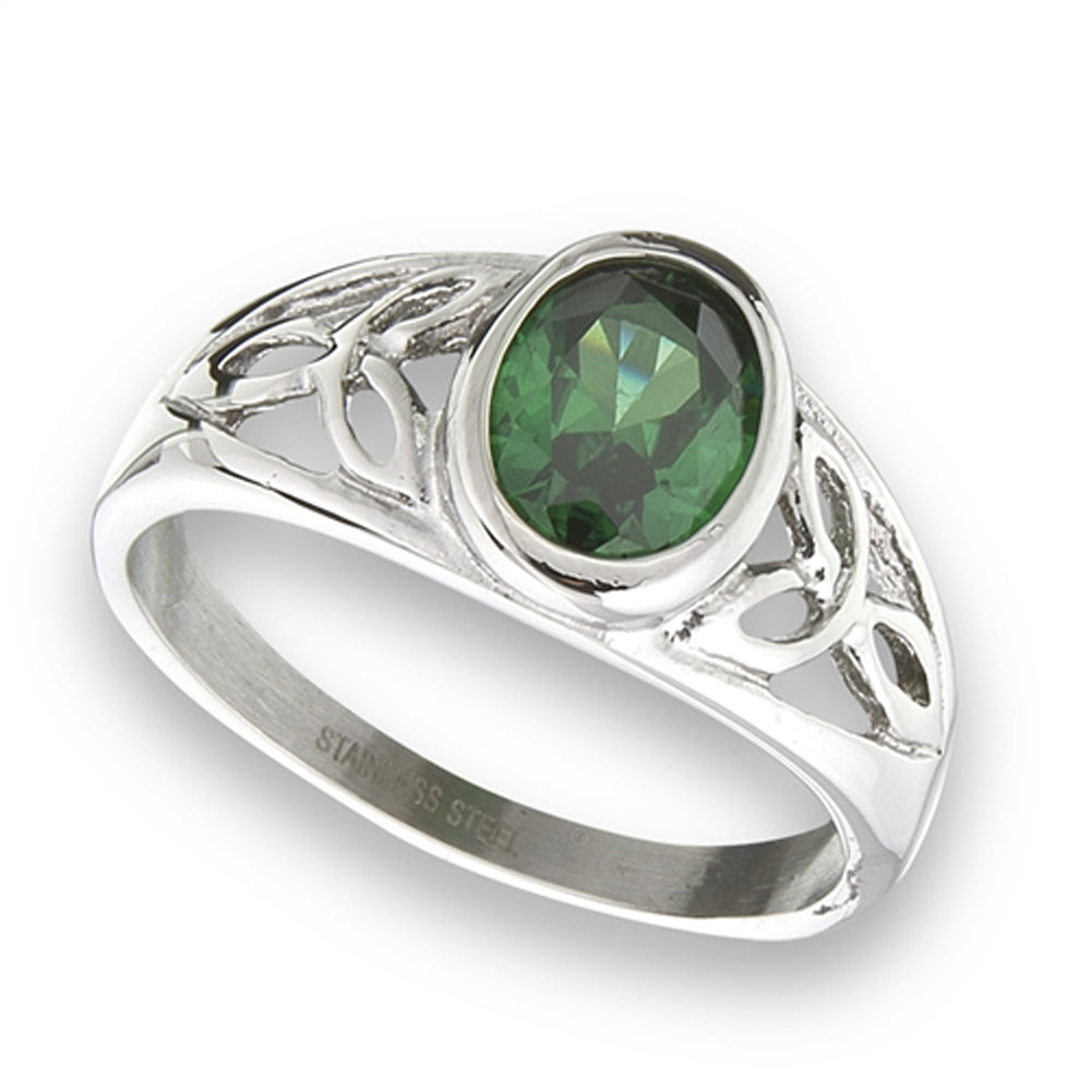 Stainless Steel Celtic Ring With Emerald CZ And Triquetra Accents