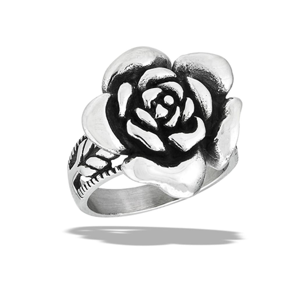 Stainless Steel Large Rose Ring With Wheat Stalk Accents
