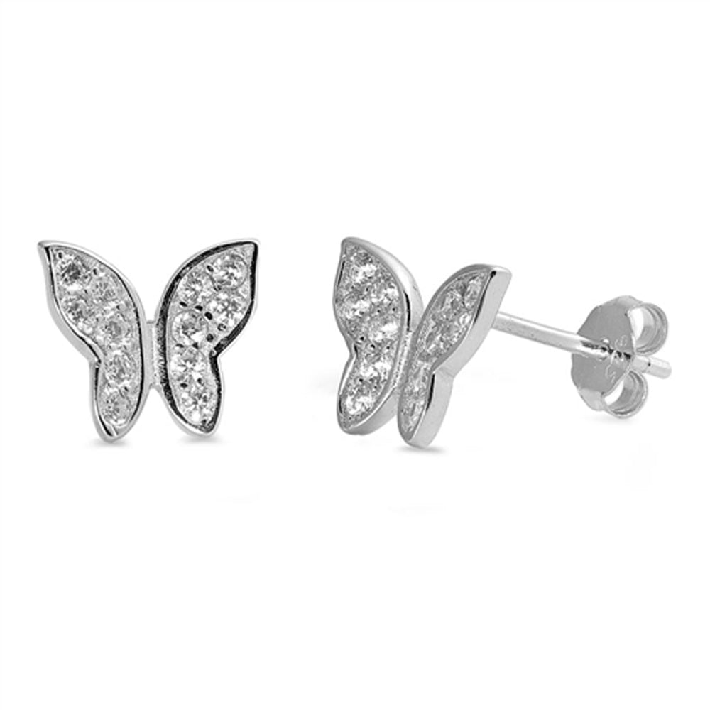 Sterling Silver Studded Butterfly Simple Animal Romantic Earrings Clear CZ 925