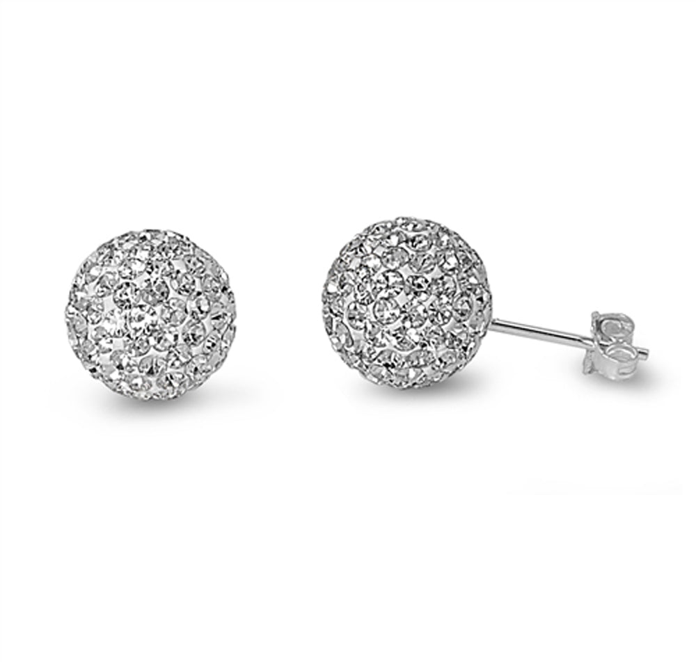 Sterling Silver Studded Sphere Disco Ball Round Micro Pave Earrings Clear CZ 925