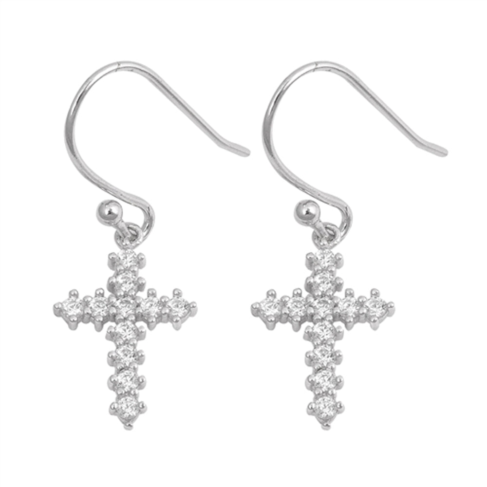 Sterling Silver Studded Dangling Cross Catholic Christian Earrings Clear CZ 925