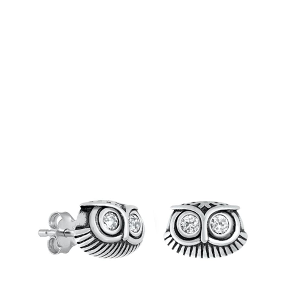 Sterling Silver Polished Clear CZ Oxidized Owl Earrings 925 New