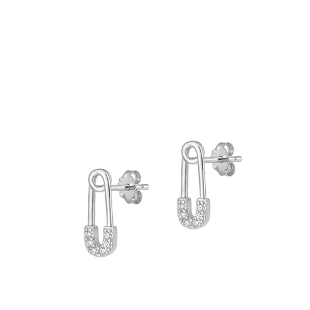 Sterling Silver Classic Clear CZ Safety Pin Earrings 925 New High Polished