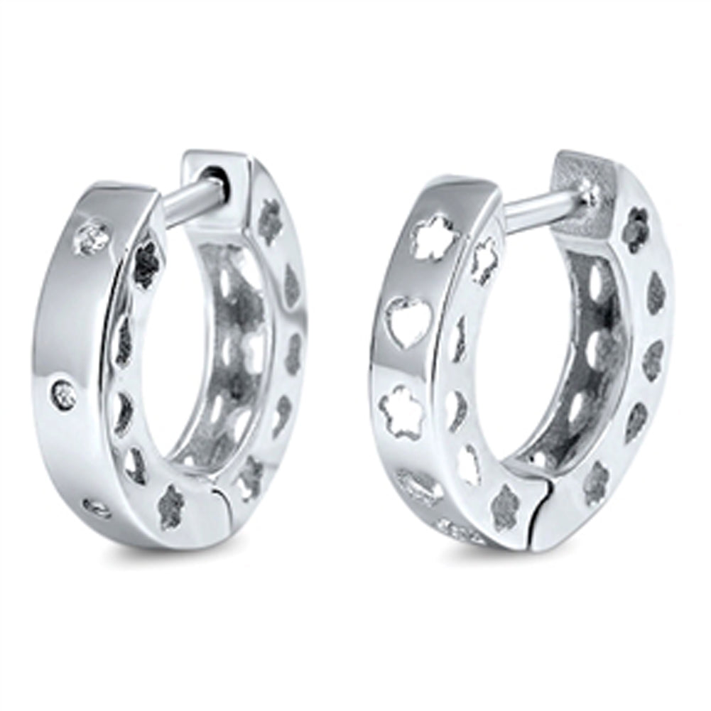 Studded Cute Cutout Hoop Simple Shape Clear Simulated CZ .925 Sterling Silver Huggie Hoop Earrings