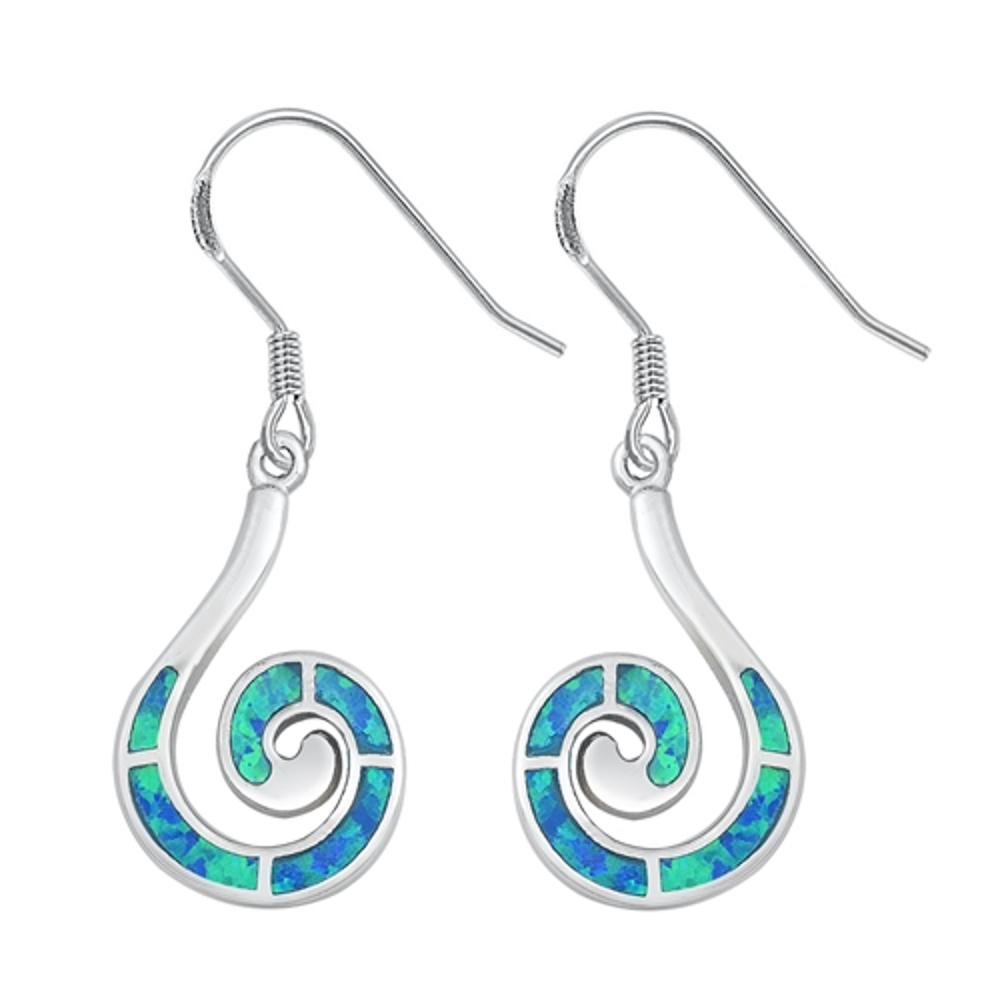 Swirl Hanging Earrings Blue Simulated Opal .925 Sterling Silver