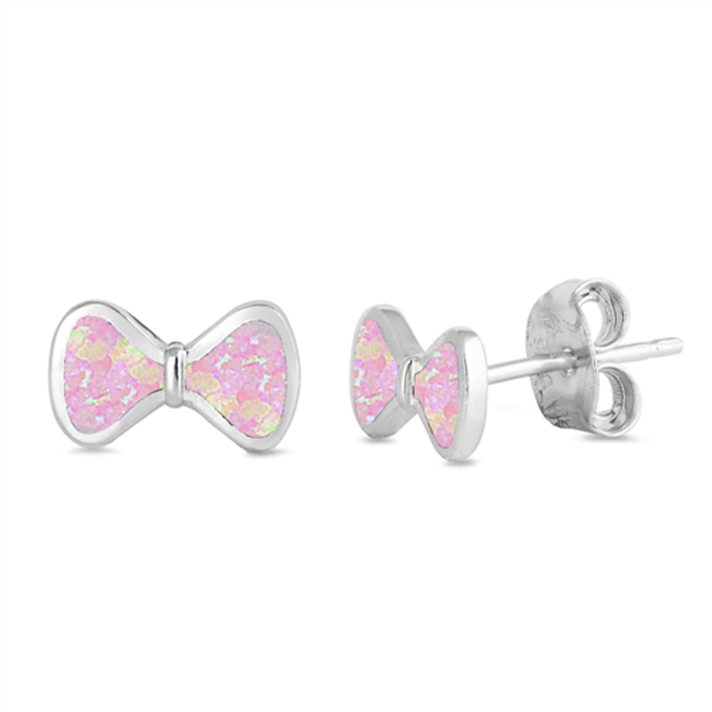 Sterling Silver Simple Bow High Polish Ribbon Earrings Pink Synthetic Opal 925