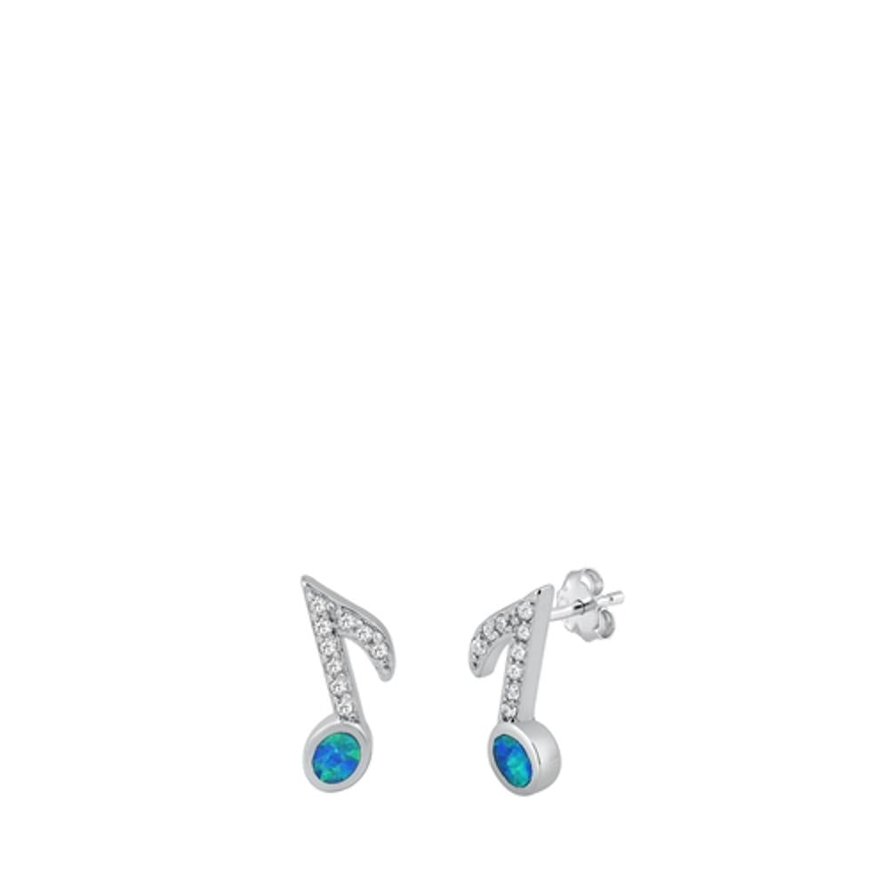 Sterling Silver Classic Blue Synthetic Opal Clear CZ Music Note Earrings 925 New