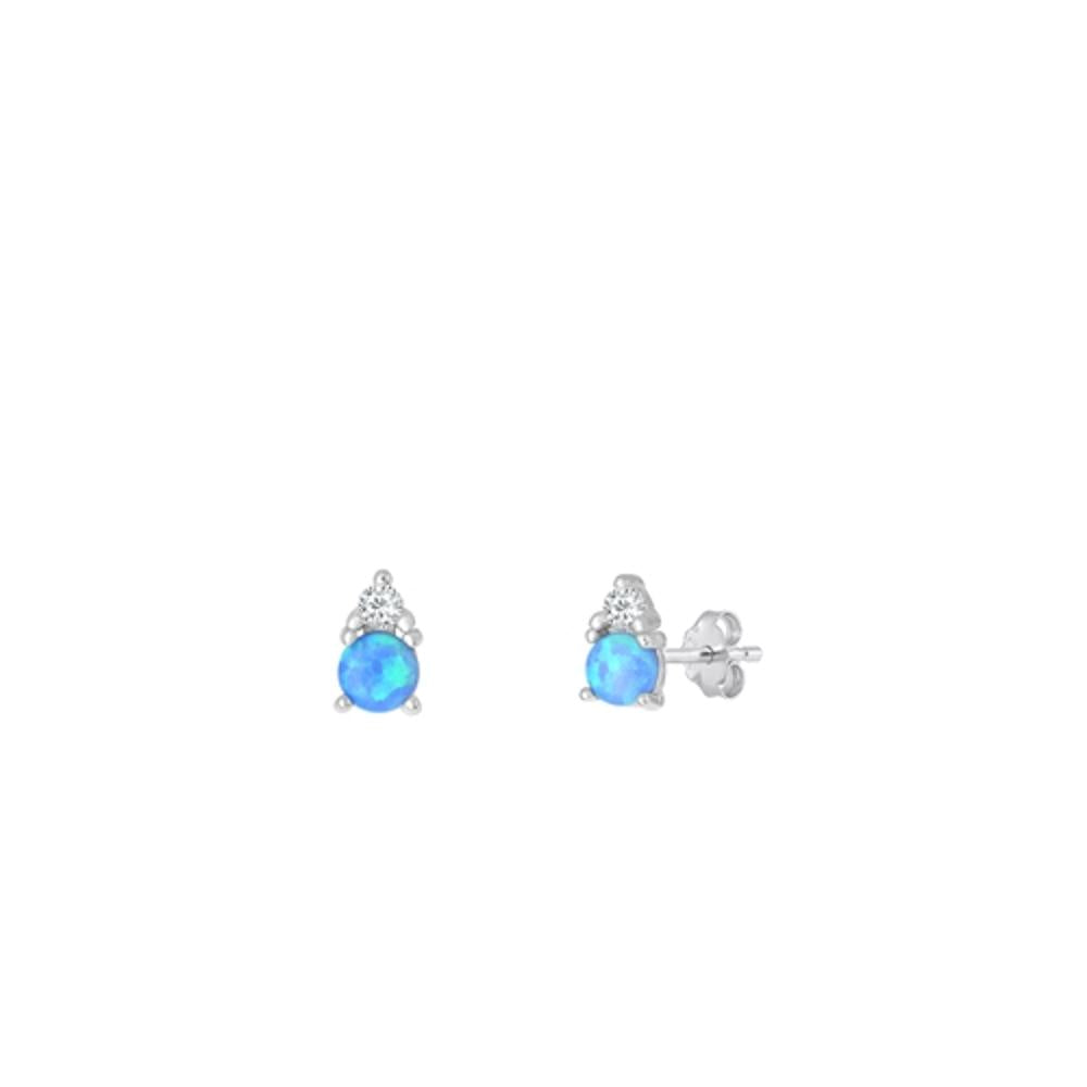 Sterling Silver .925 New Unique Clear CZ Blue Synthetic Opal Stud Earrings