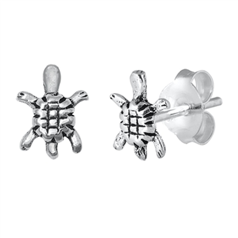 Sterling Silver Cute Turtle Animal Shell Detailed Stud Beach Earrings 925 New