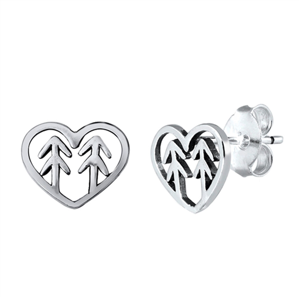 Sterling Silver Planet Pine Tree Nature Heart Cutout Outdoor Outline Earrings