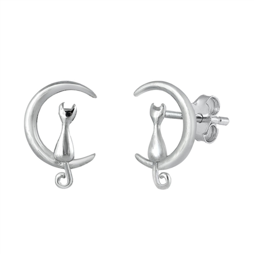 Sterling Silver Mystic Crescent Moon Cat Animal Modern Cute Celestial Earrings