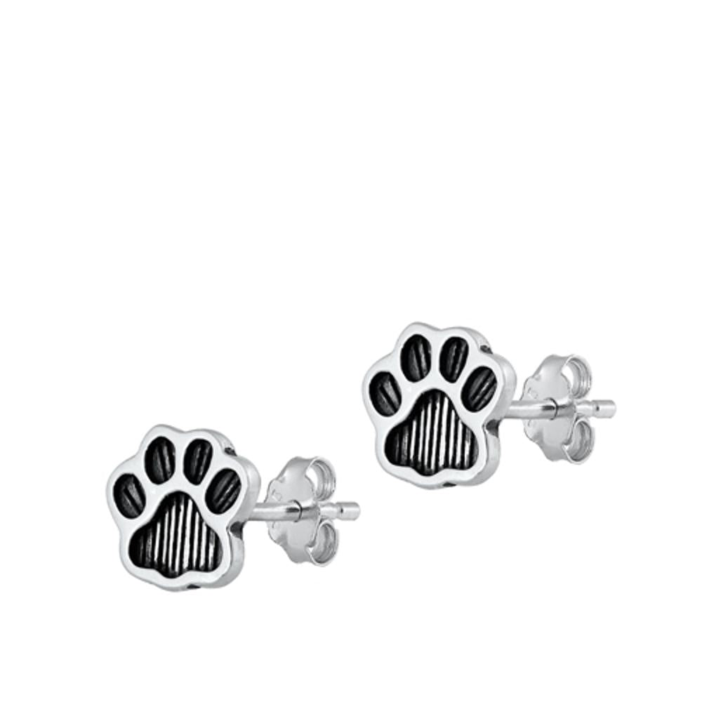 Sterling Silver Cute Oxidized Paw Print Post Earrings 925 New