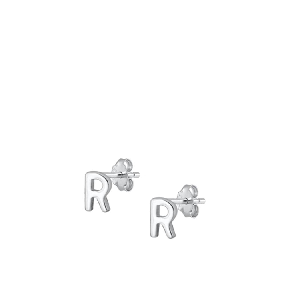 Sterling Silver High Polished Initial R Stud Letter Earrings 925 New