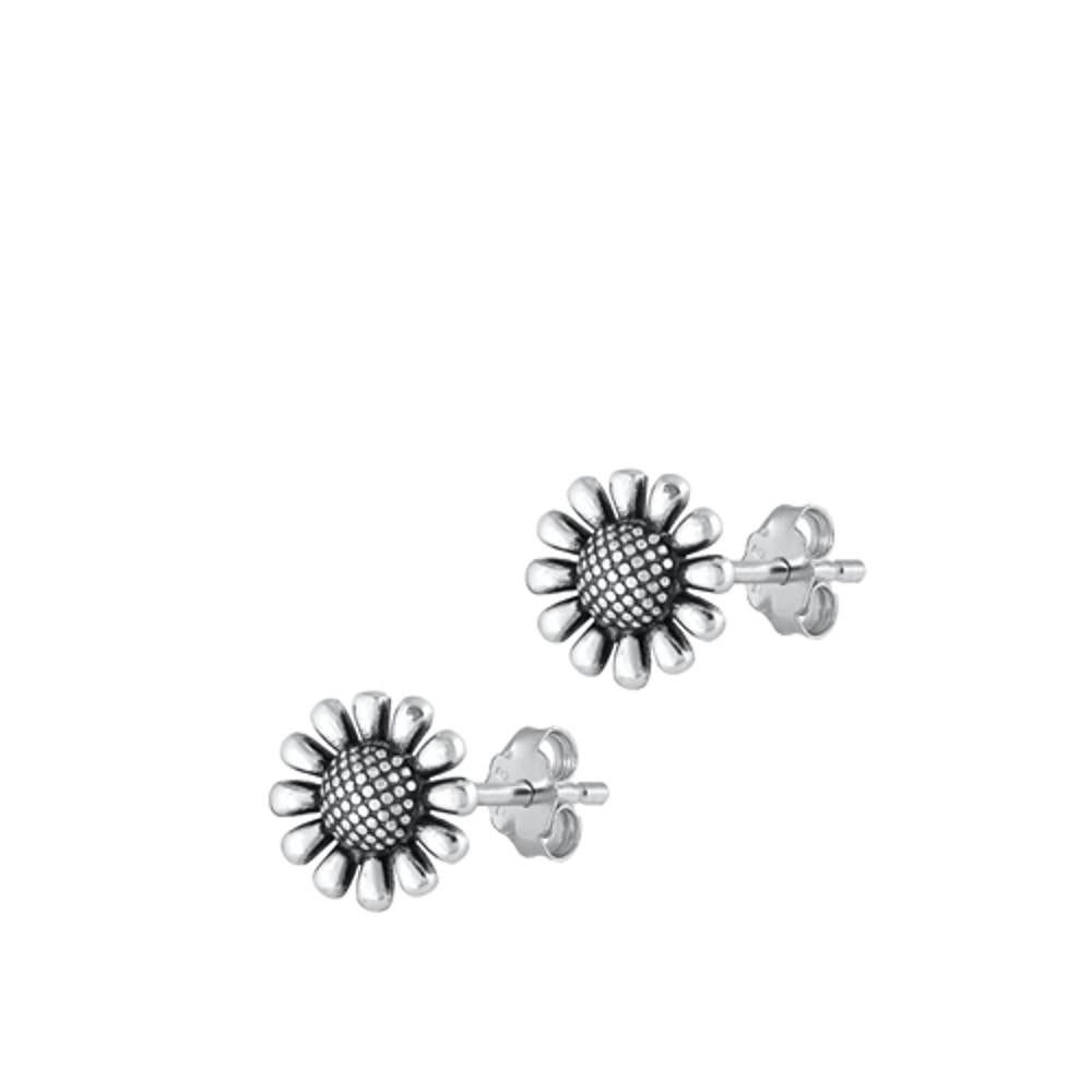Sterling Silver Wholesale Oxidized Sunflower Stud High Polished Earrings .925