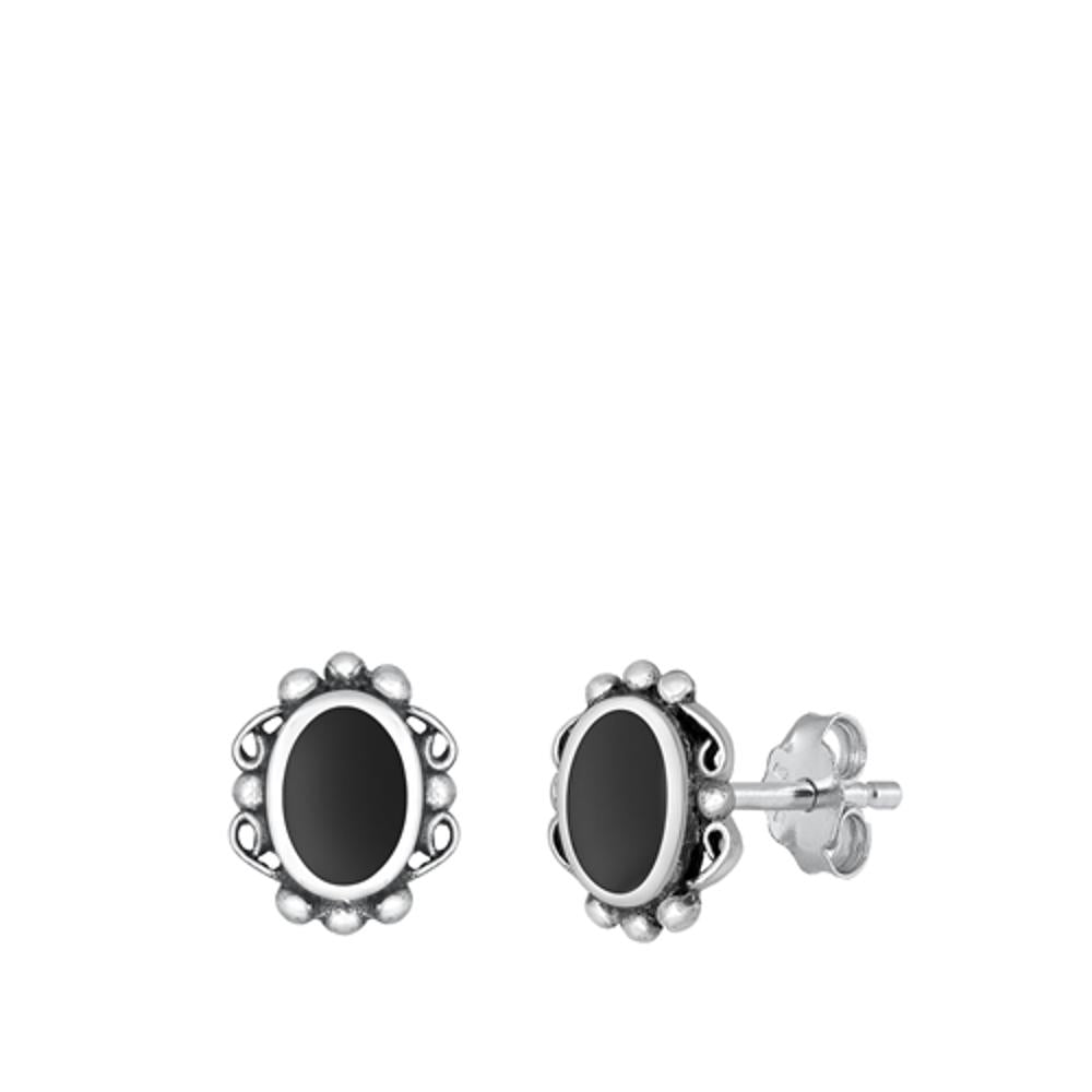 Sterling Silver Oxidized Classic Black Agate Bali Stud High Polished Earrings