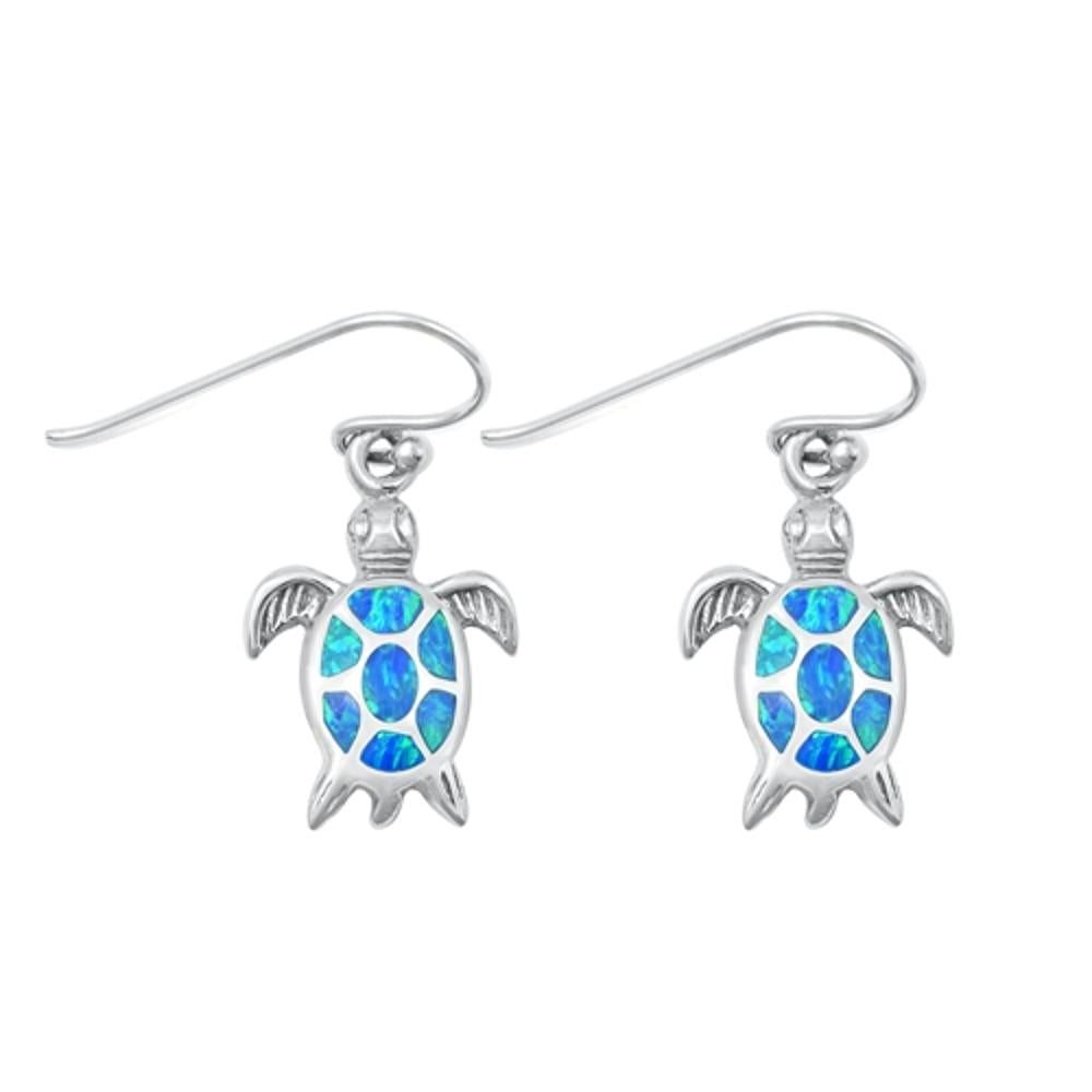 Sterling Silver Fashion Blue Synthetic Opal Sea Turtle Hook Earrings .925 New