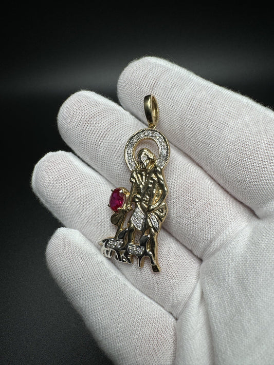 2” 10k Yellow Gold Saint Michael The Archangel with 7x5mm Ruby & est 1/4ctw Lab Diamond 6mm Bail 7.6g