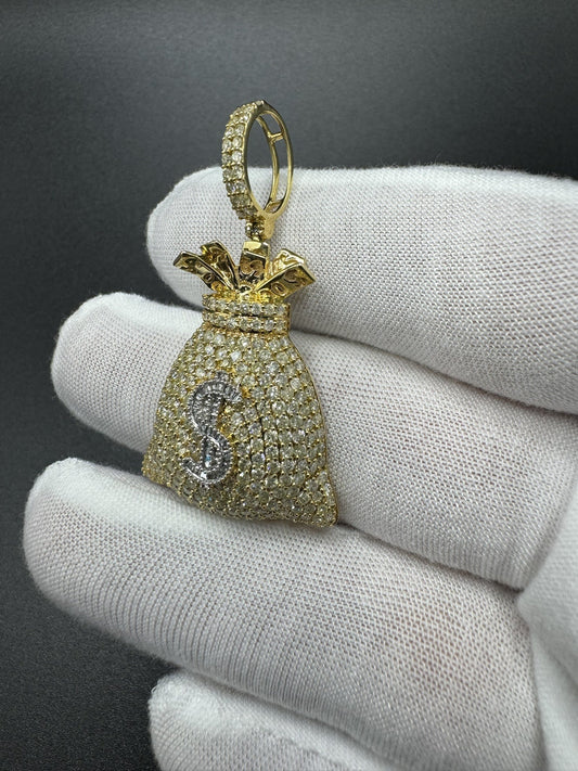 2” 10k Yellow Gold 2ctw Natural Diamond Money Bag Pendant 7.3mm Bail 9.0g
