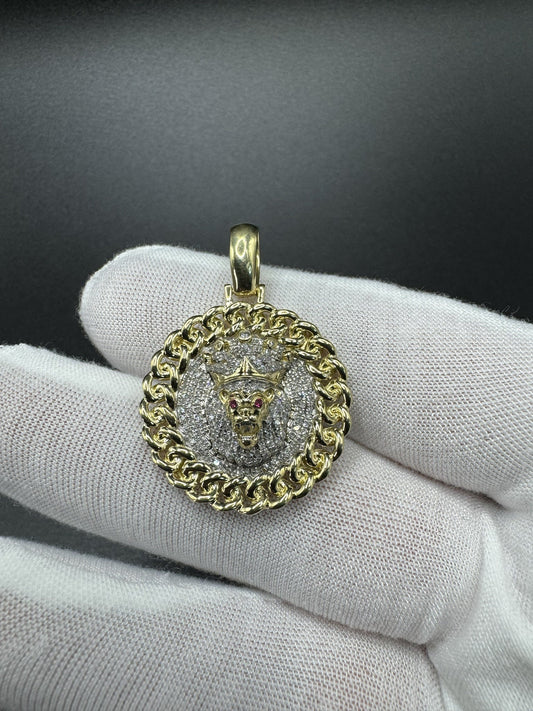 1.5” 10k Yellow Gold 1/2ctw Natural Diamond Lion Pendant with Cuban Link Bezel 6mm Bail 5.9g