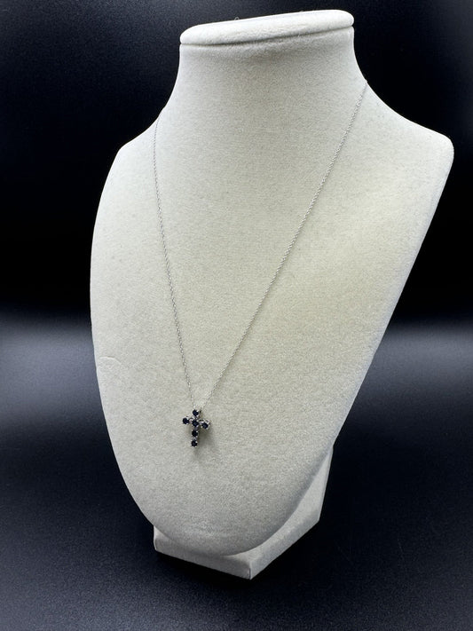 18” 10k White Gold Chain & 1/2” Natural Diamond and Blue Sapphire Cross 1.5g