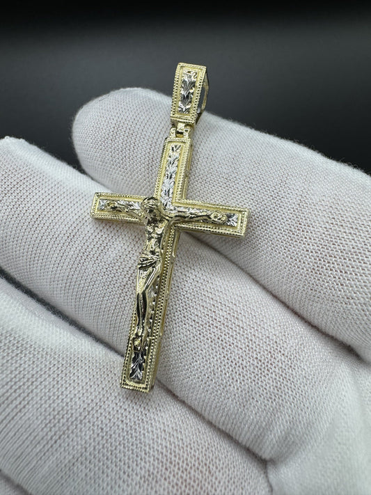 2” 10k Gold Two-Tone Square Cross/Crucifix 6mm Bail 4.6g