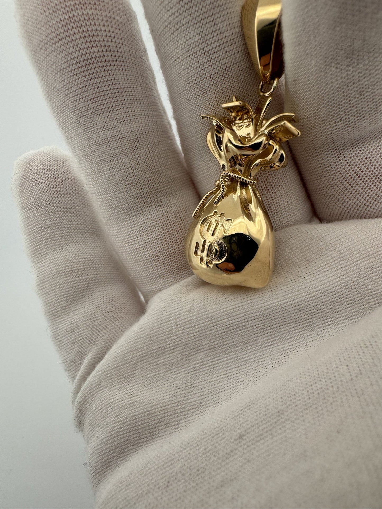 2” 14k Yellow Gold Money Bag Pendant 7mm Bail 12.81g