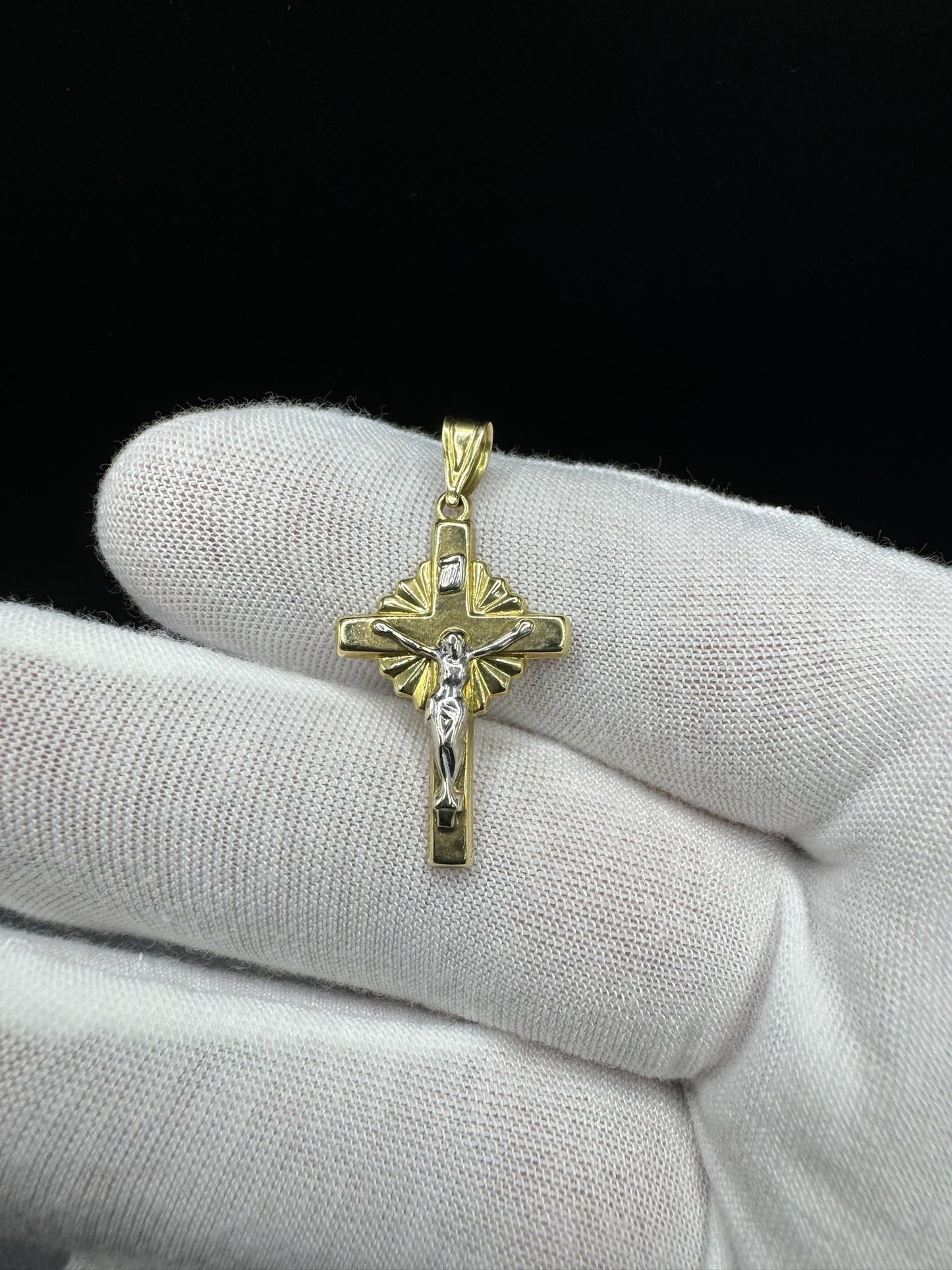 1.25” 14k Gold Two-tone Crucifix 3mm Bail 1.3g