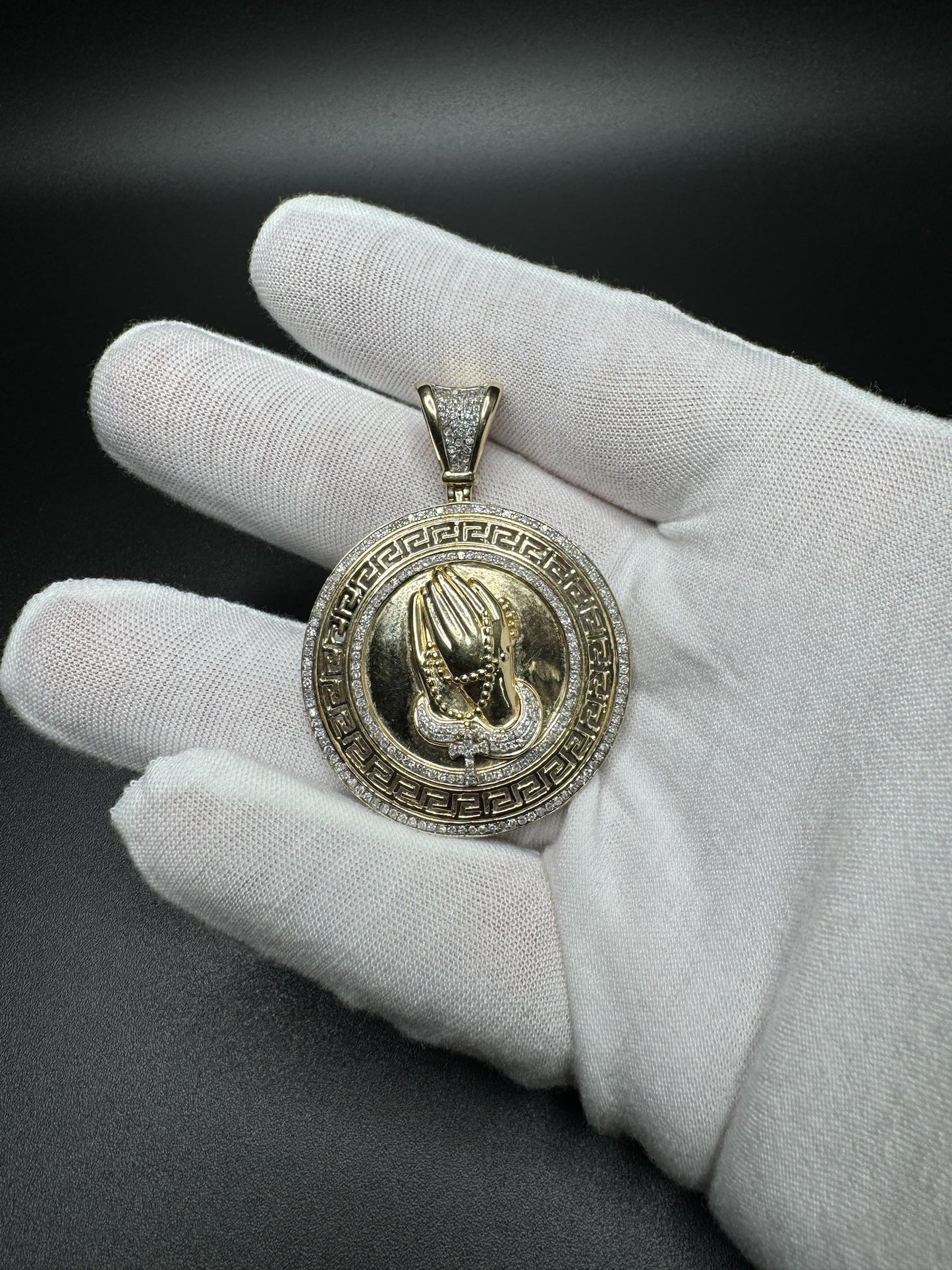 2” 14k Yellow Gold Circular Greek Praying Hands with Rosary est 1ctw Natural Diamonds 6mm Bail 13.2g
