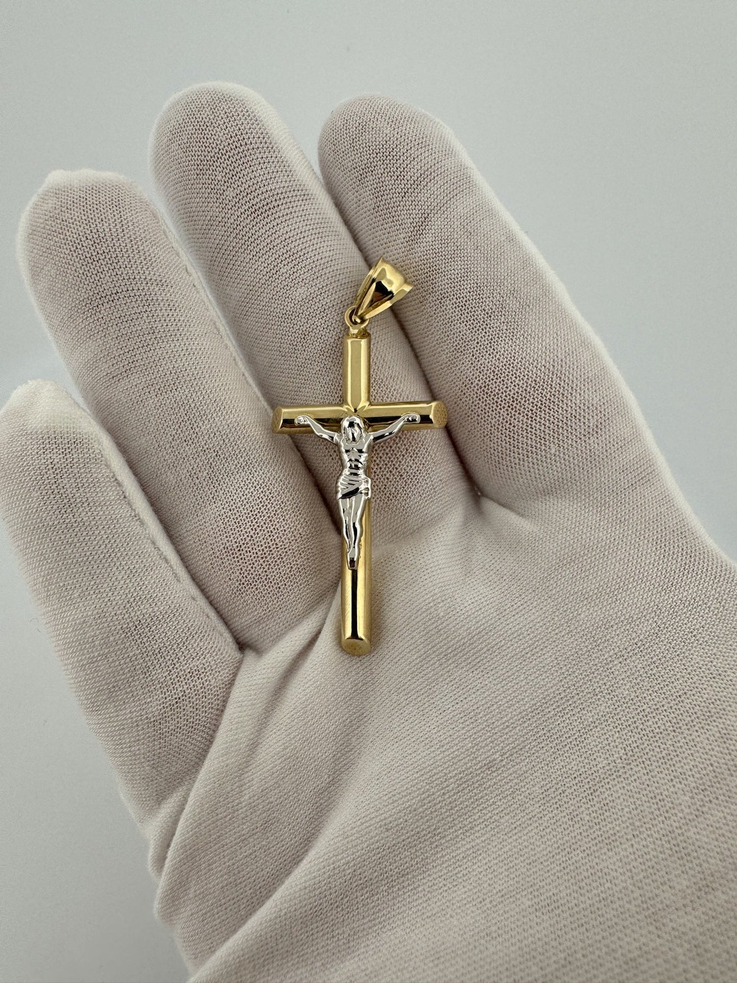 2” 14k Yellow Gold Cross & White Gold Crucifix 6mm Bail 2.56g