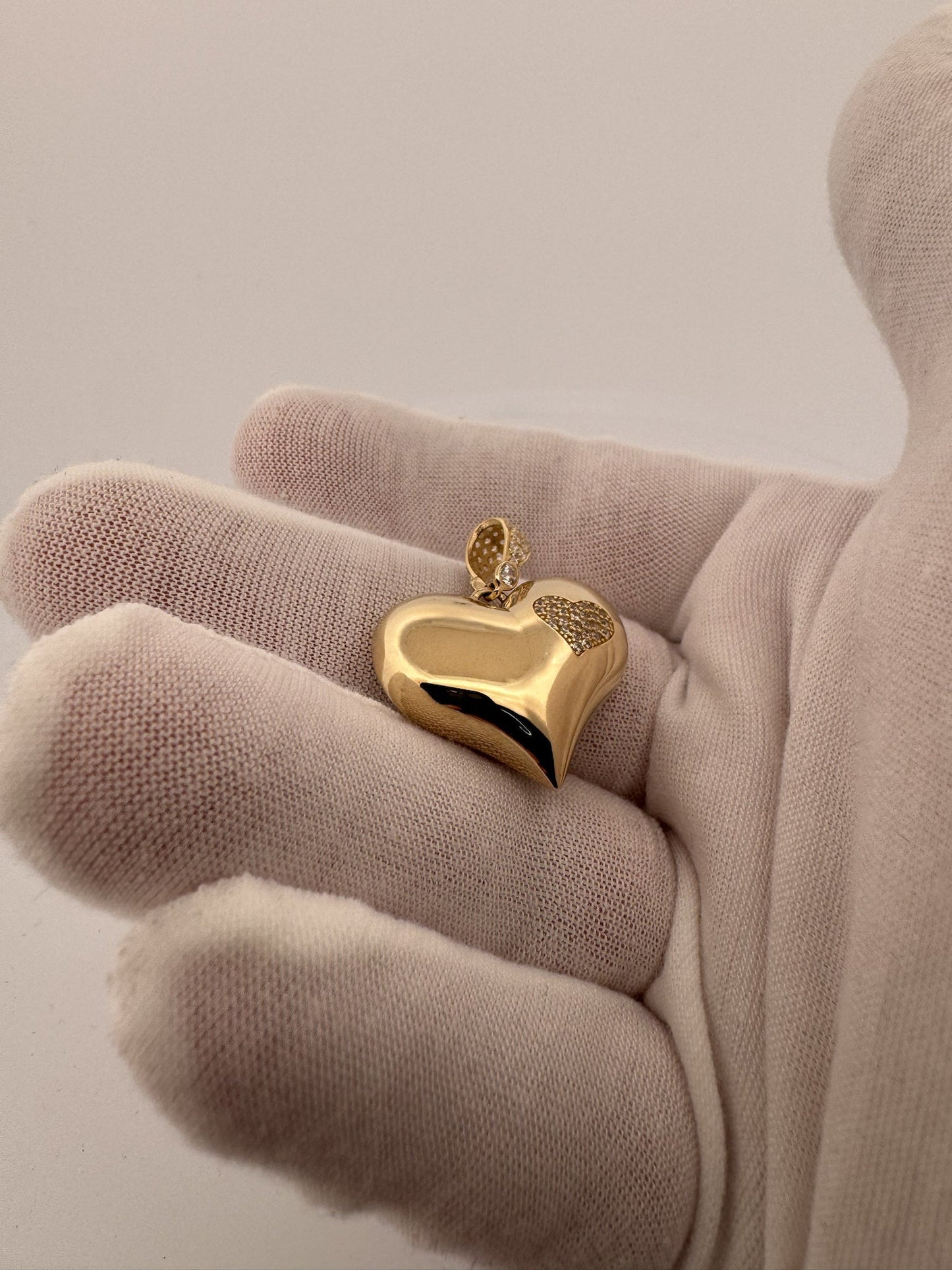 1.25” 14k Yellow Gold Puff Heart Pendant with CZ Accents 5mm Bail 4.3g