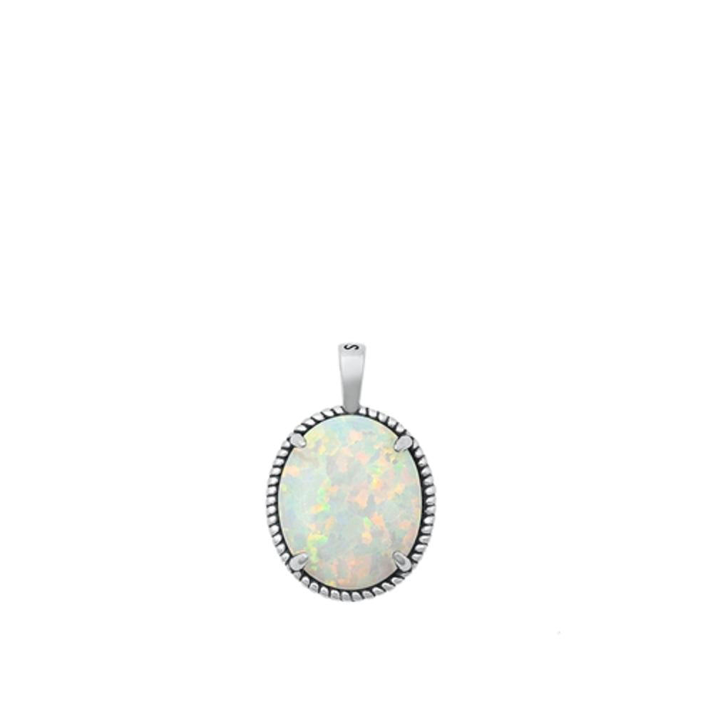 Sterling Silver Classic White Synthetic Opal Pendant Vintage Solitarie Charm