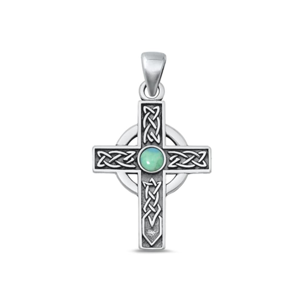 Sterling Silver Fashion Turquoise Celtic Cross Pendant Oxidized Charm .925 New