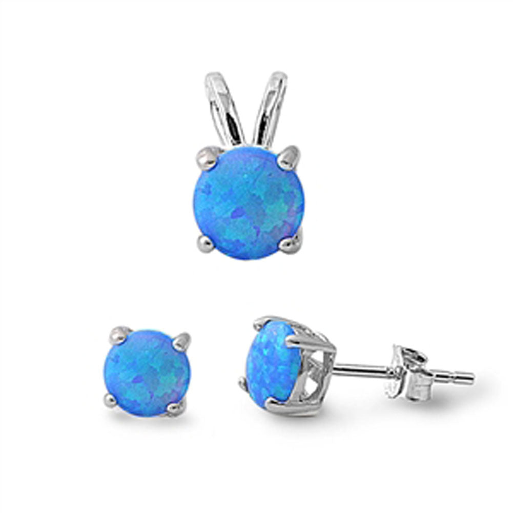 Solitaire Round Earrings Blue Simulated Opal .925 Sterling Silver Pendant Set