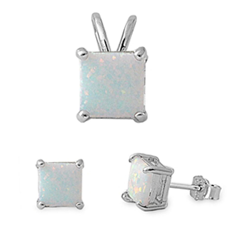 Solitaire Square Princess Cut Earrings White Simulated Opal .925 Sterling Silver Pendant Set